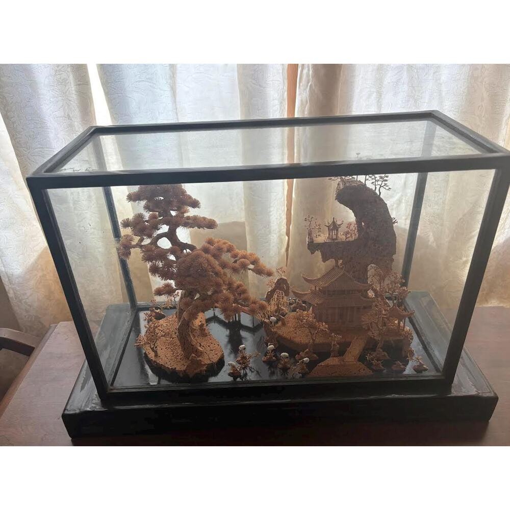 Chinese Carved Wooden Crafted Diorama in Viewing Glass Case Home Décor